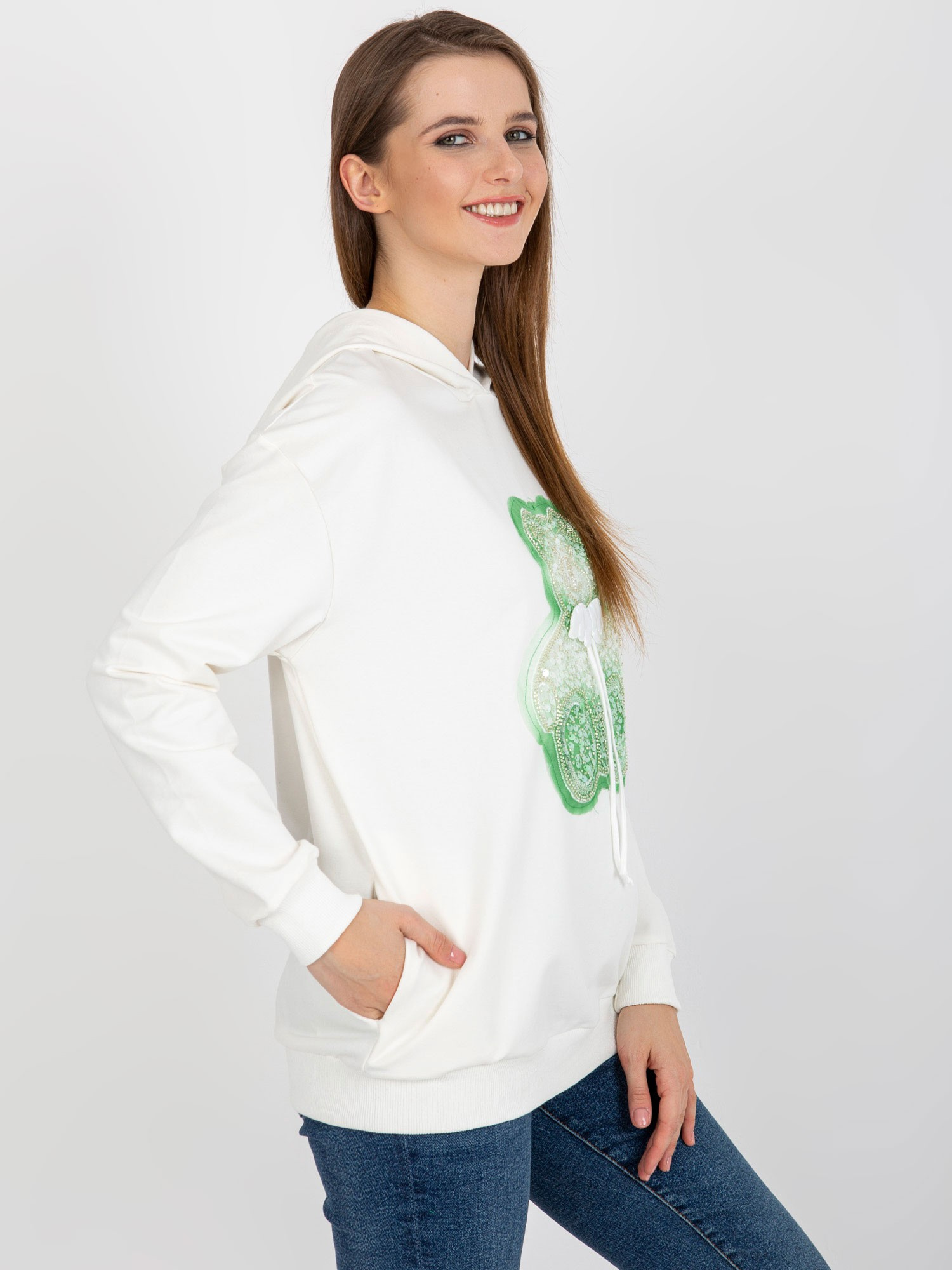 Hurt Ecru oversize bluza z kapturem z misiem i aplikacją 