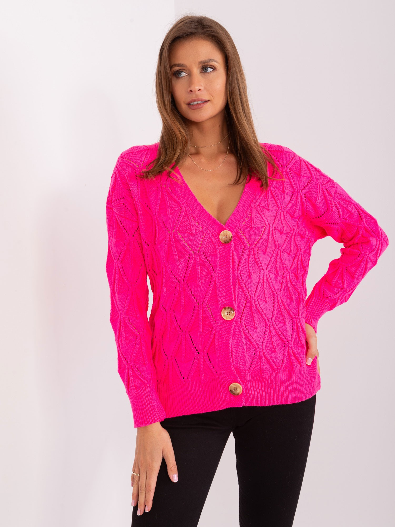 Fluo różowy dzianinowy sweter rozpinany