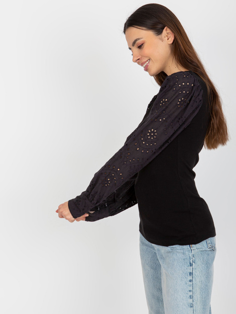 Hurt Czarna prążkowana bluzka wizytowa z ażurowymi rękawami OCH BELLA