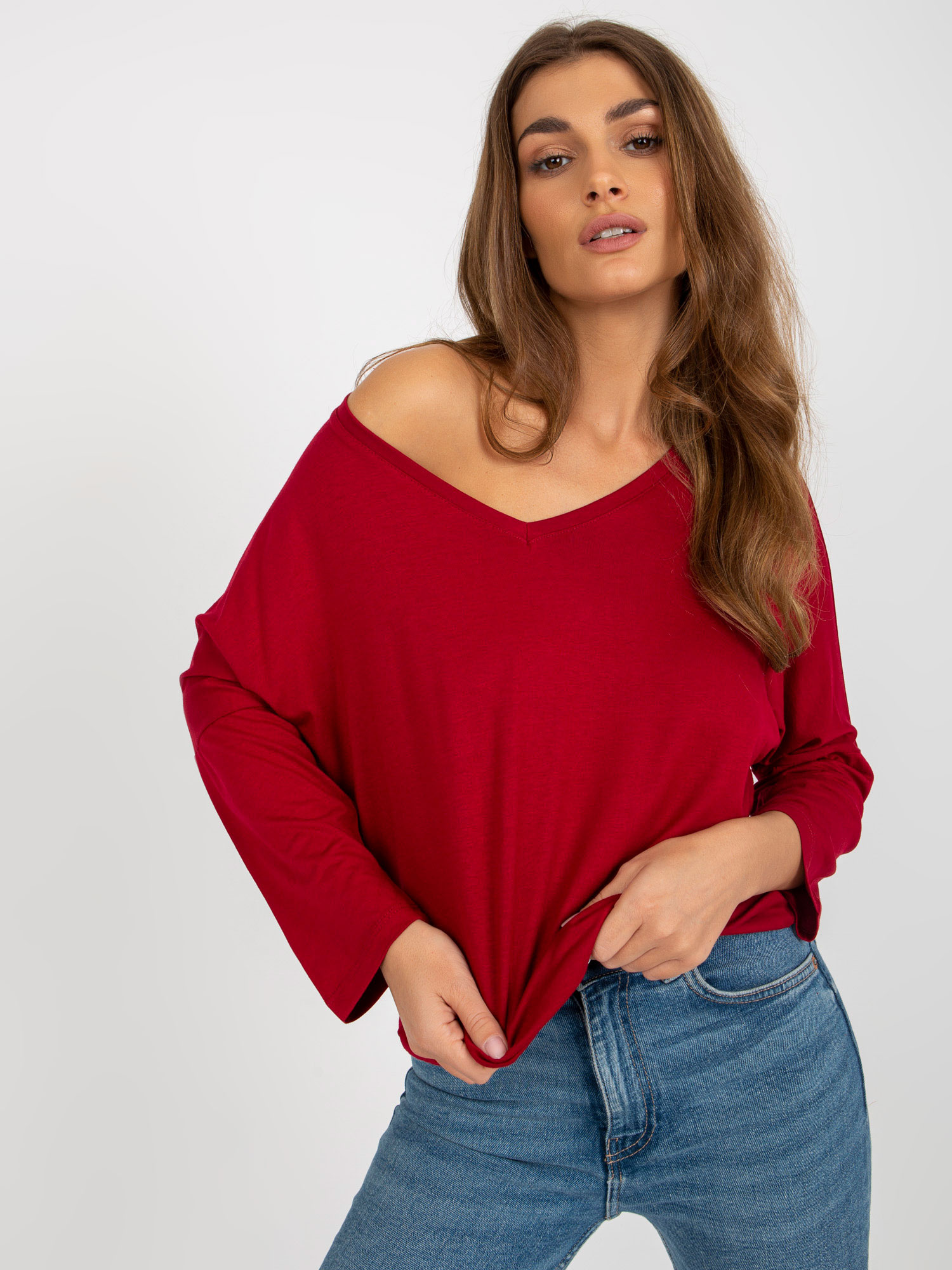 Hurt Bordowa damska bluzka basic z rękawem 3/4