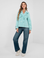 Pastelowy miętowy dwurzędowy płaszcz z paskami na rękawach