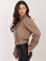 Ciemnobeżowa krótka ramoneska z paskiem RUE PARIS