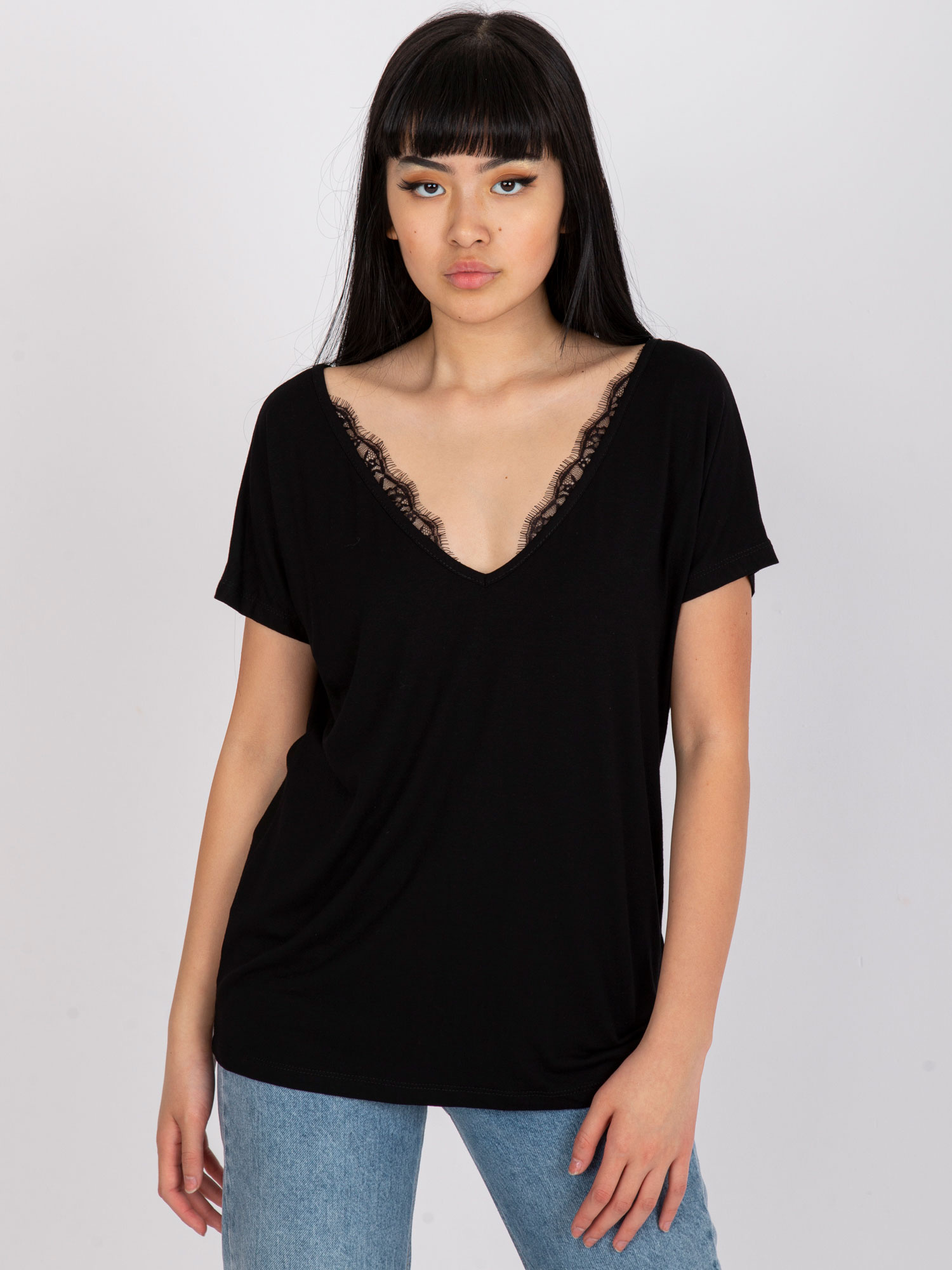 Schwarzes einfarbiges T-Shirt aus Viskose Aileen.
