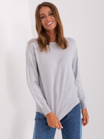 "Light gray classic sweater with ribbed cuffs."