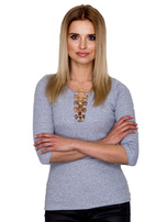 Jasnoszara bluzka w prążek z ozdobnymi kółeczkami