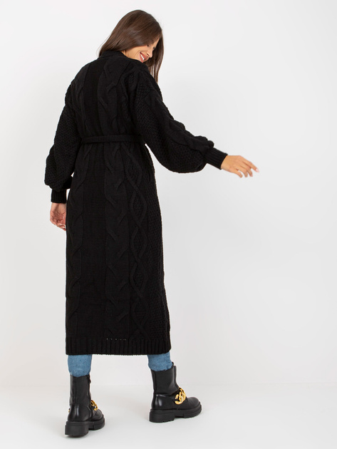 Hurt Czarny długi kardigan z paskiem wiązanym RUE PARIS