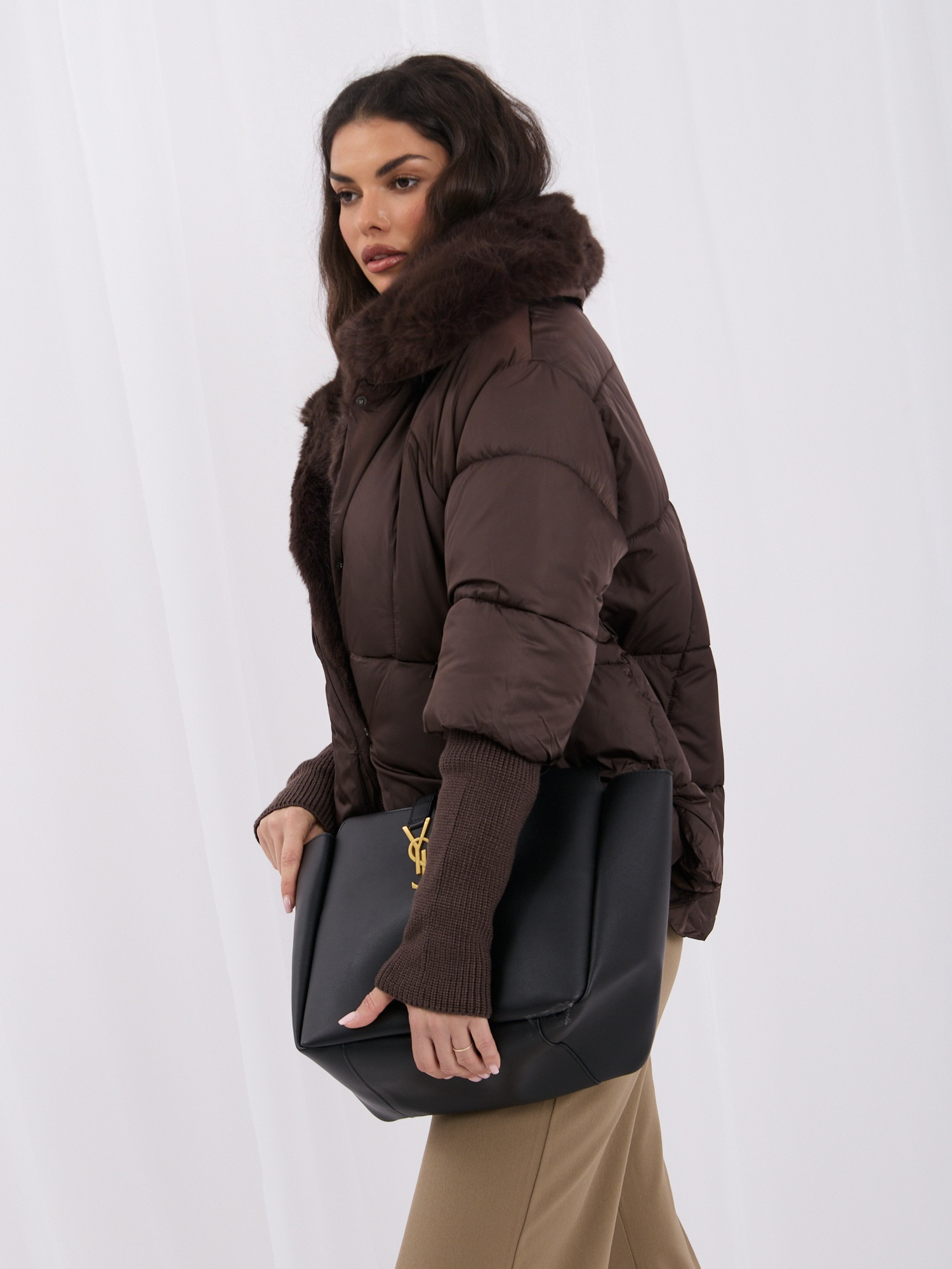 Chocolate winter women's jacket with fur.