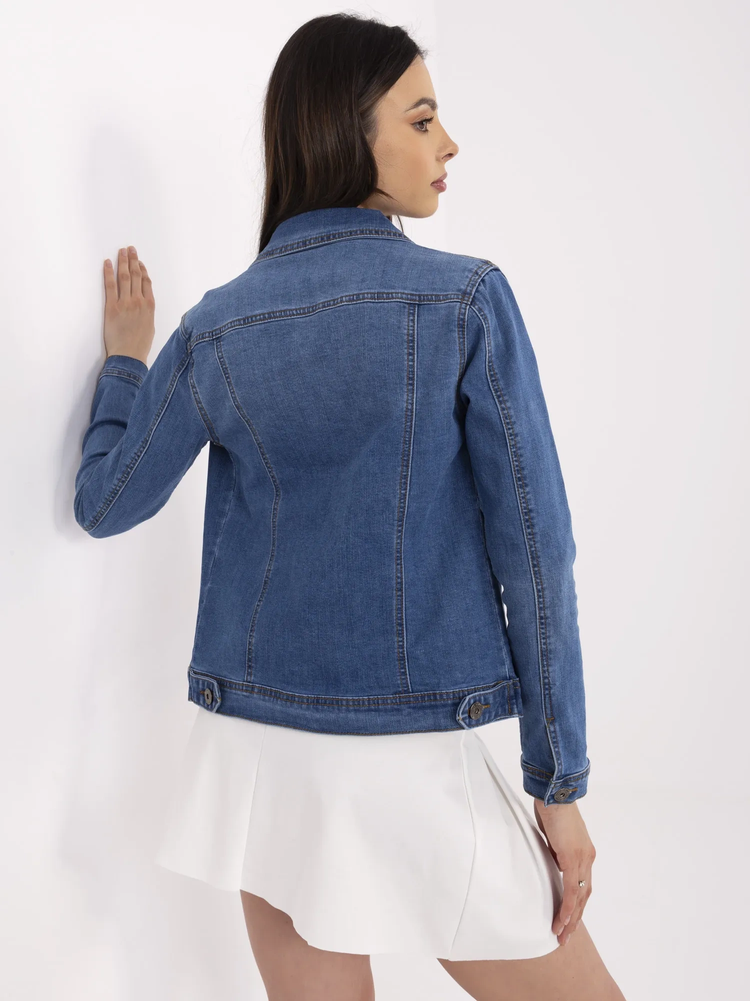 Blue women's denim jacket with a collar.
