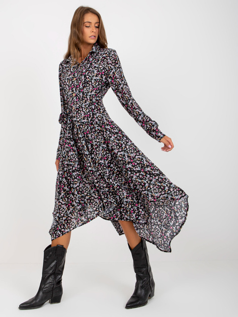 Hurt Czarna wzorzysta sukienka z paskiem RUE PARIS