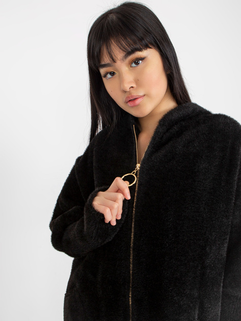 Hurtownia online Czarny luźny płaszcz alpaka z suwakiem