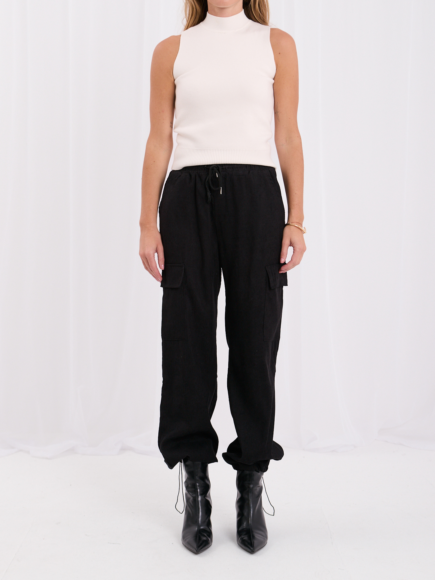 Black corduroy pants with side pockets.