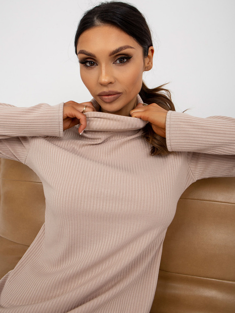 Hurt Beżowa codzienna prążkowana bluzka z golfem od kompletu