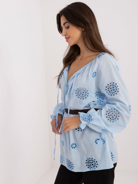 Hurt Jasnoniebieska ażurowa bluzka z bufiastym rękawem