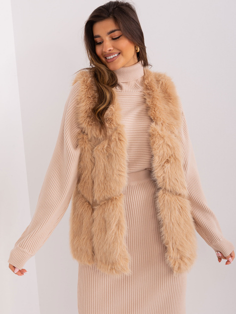 Hurtownia Camelowa kamizelka damska futrzana