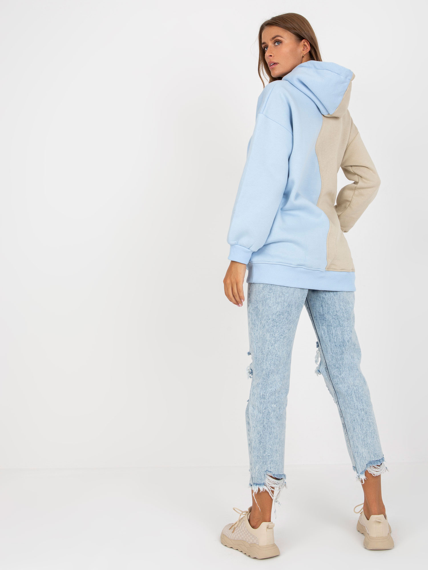 Beżowo-niebieska damska bluza basic z kapturem RUE PARIS