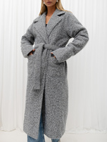 Grau zweireihiger Boucle-Mantel aus Wolle.