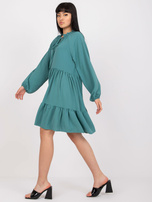 Morska sukienka z falbaną i długim rękawem