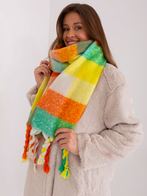 Hurt Zielono-pomarańczowy ciepły szal z kolorowymi frędzlami