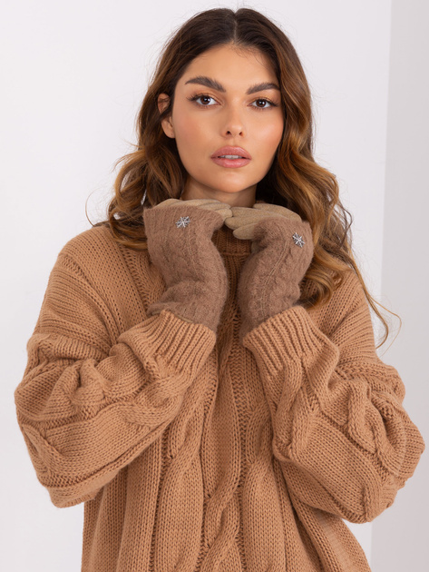 Hurt Ciemnobeżowe gładkie rękawiczki z dzianinowym ociepleniem