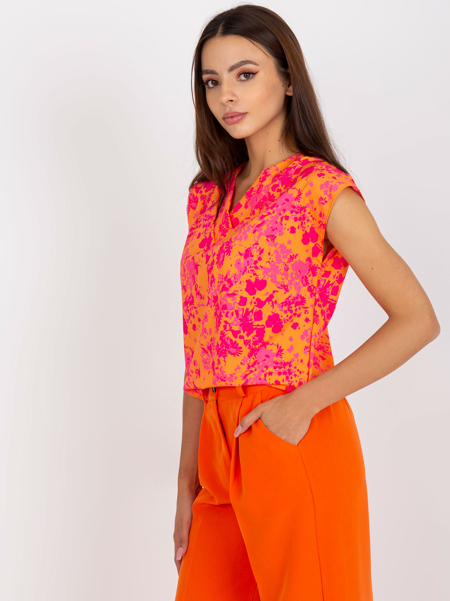 Orange-pink blouse with sleeveless print RUE PARIS