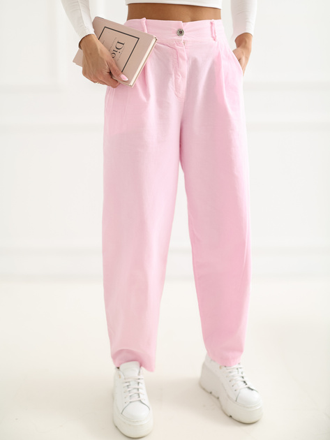 Jasnoróżowe sztruksowe spodnie z zakładkami RUE PARIS