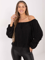 Black off-the-shoulder blouse with gathered sleeves.