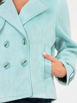 Pastelowy miętowy dwurzędowy płaszcz z paskami na rękawach