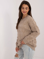 Hurtownia Beżowy damski sweter oversize z długim rękawem