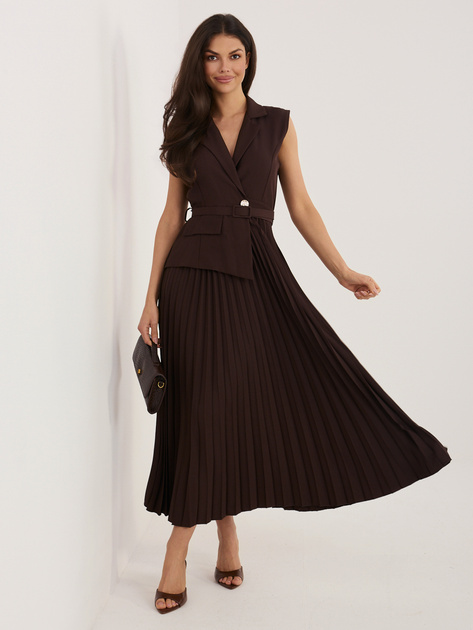 Ciemnobrązowa elegancka sukienka z paskiem RUE PARIS