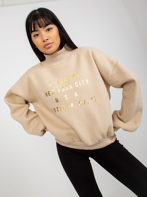 Hurtownia Beżowa dresowa bluza z nadrukiem i golfem