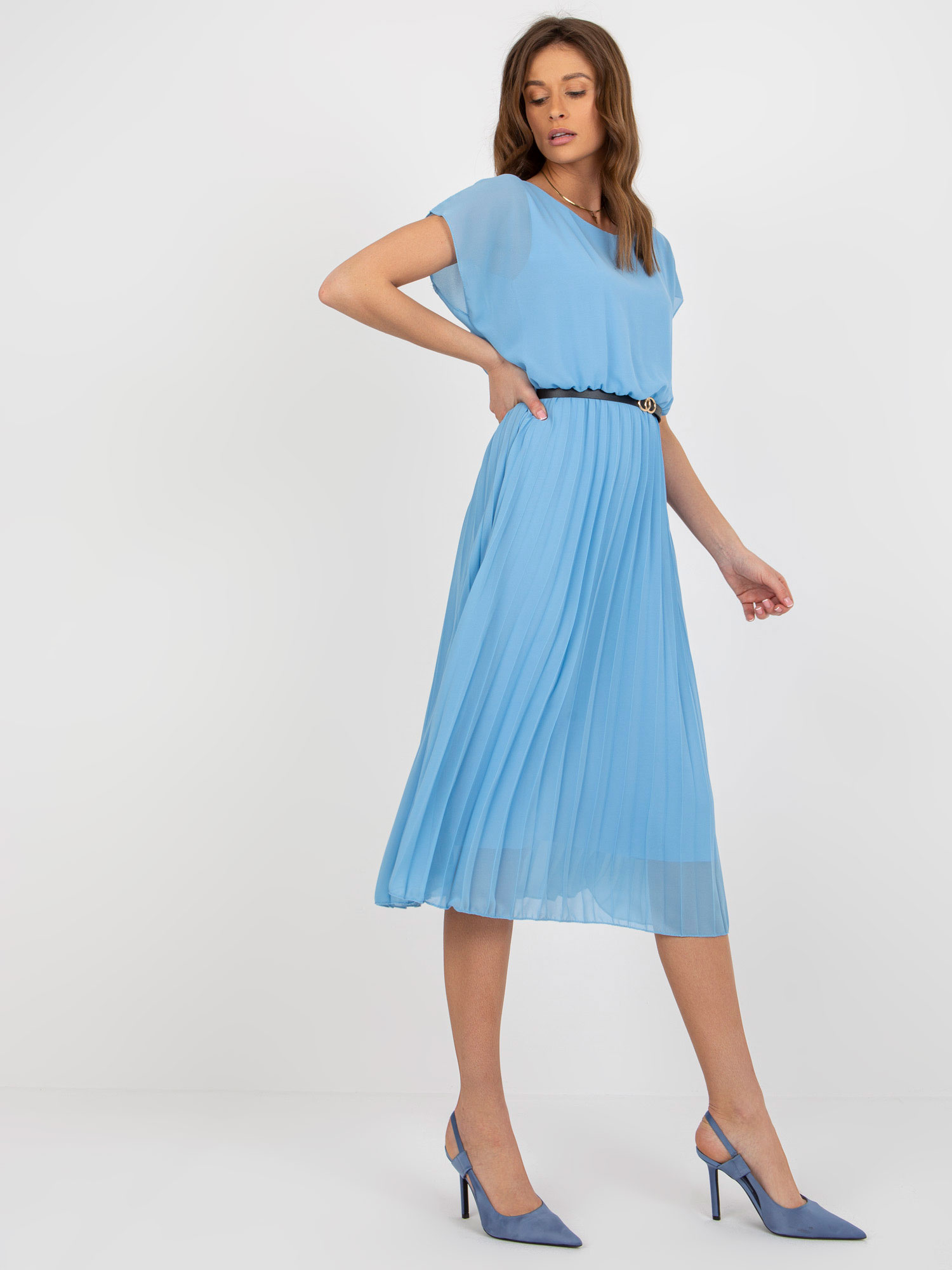 Hurt Light Blue Flared Dress with Pleats