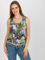 Hurt Zielona krótka bluzka z nadrukiem i frędzlami