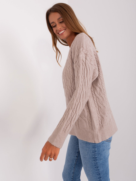 Hurt Beżowy sweter z warkoczami i okrągłym dekoltem