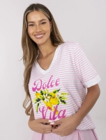 Pink and white blouse with lemon print.