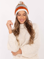 Hurt Ecru-pomarańczowa damska czapka w paski