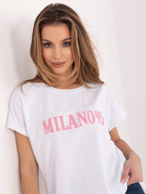Biało-różowy damski t-shirt z rozcięciami