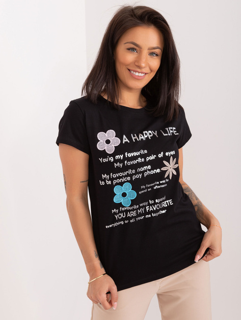 Hurtownia Czarny t-shirt z napisami BASIC FEEL GOOD