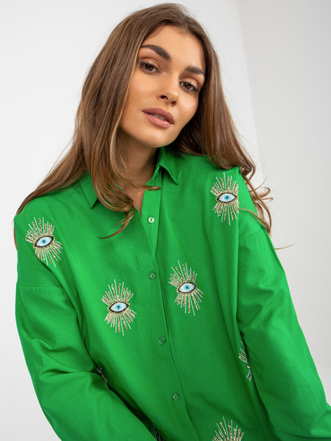 Hurtownia Zielona rozpinana koszula oversize z haftem