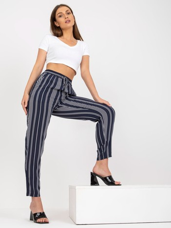 Ciemnoniebieskie letnie spodnie z materiału w paski SUBLEVEL