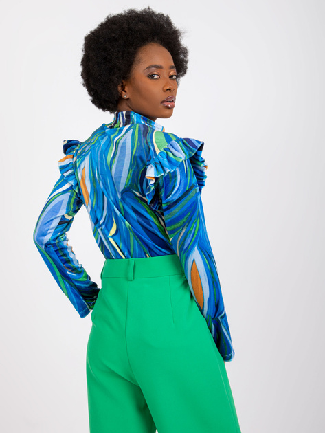 Niebieska welurowa bluzka z falbankami Lina