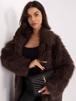 Brązowy długi płaszcz futrzany z kieszeniami