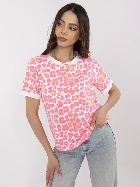 Fluo różowo-biała bluzka z okrągłym dekoltem