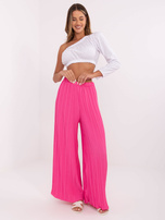 Pink structural pants with an elastic waistband.