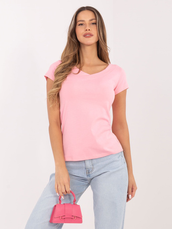 Jasnoróżowa damska bluzka basic z dekoltem V  RUE PARIS 