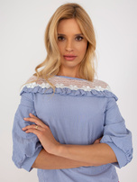 Wholesale blue and white blouse with lace.