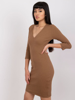Dark beige ribbed basic dress Esra RUE PARIS.