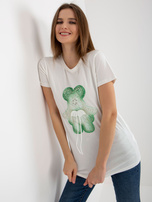 Hurt Ecru-zielony bawełniany damski t-shirt z aplikacją 3D 
