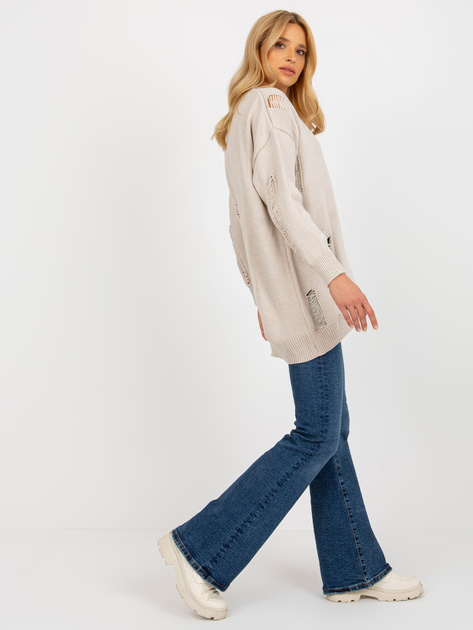 Hurt Beżowy luźny sweter rozpinany z dziurami RUE PARIS
