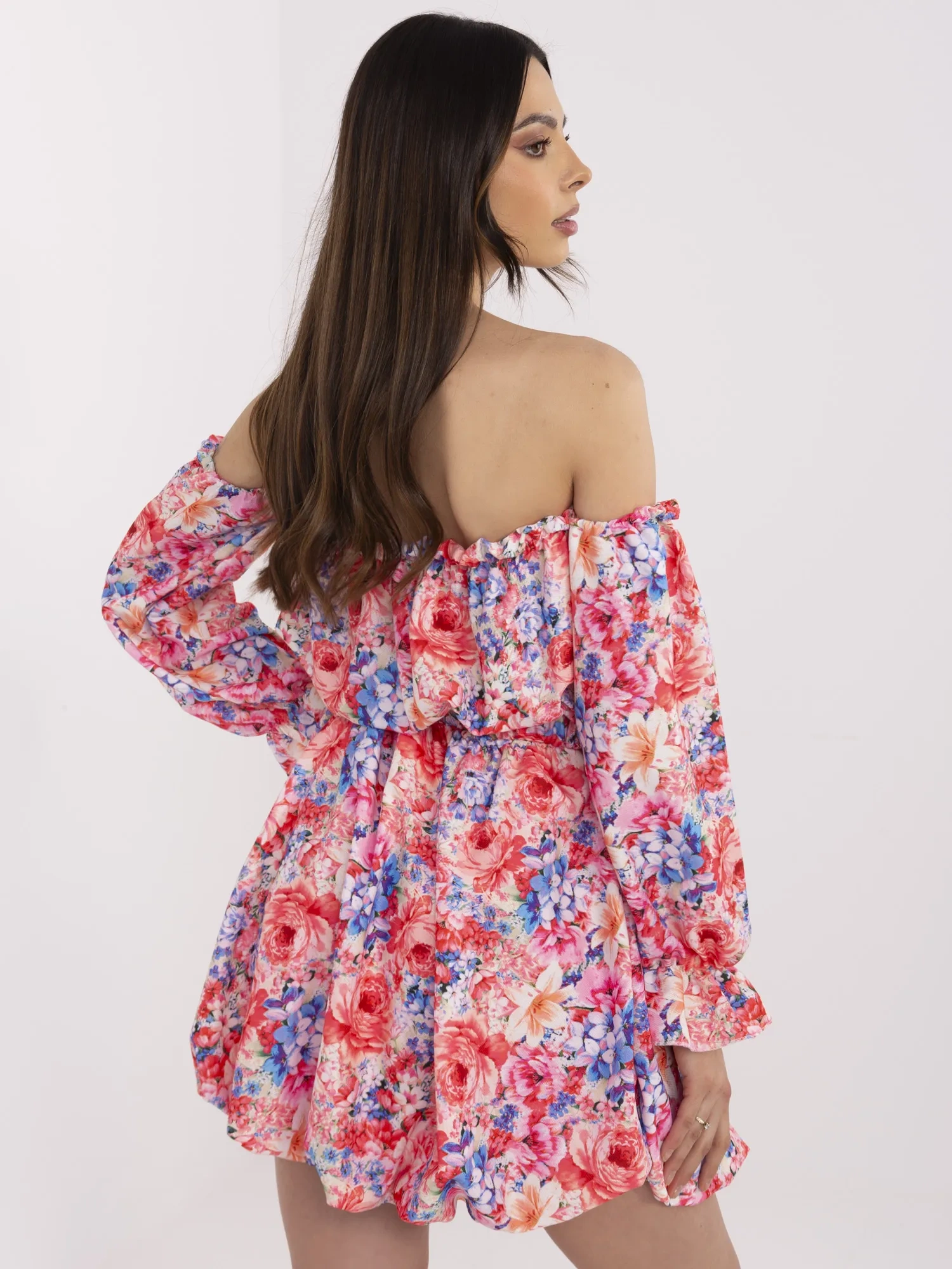 Red-blue off-the-shoulder dress with puff sleeves.