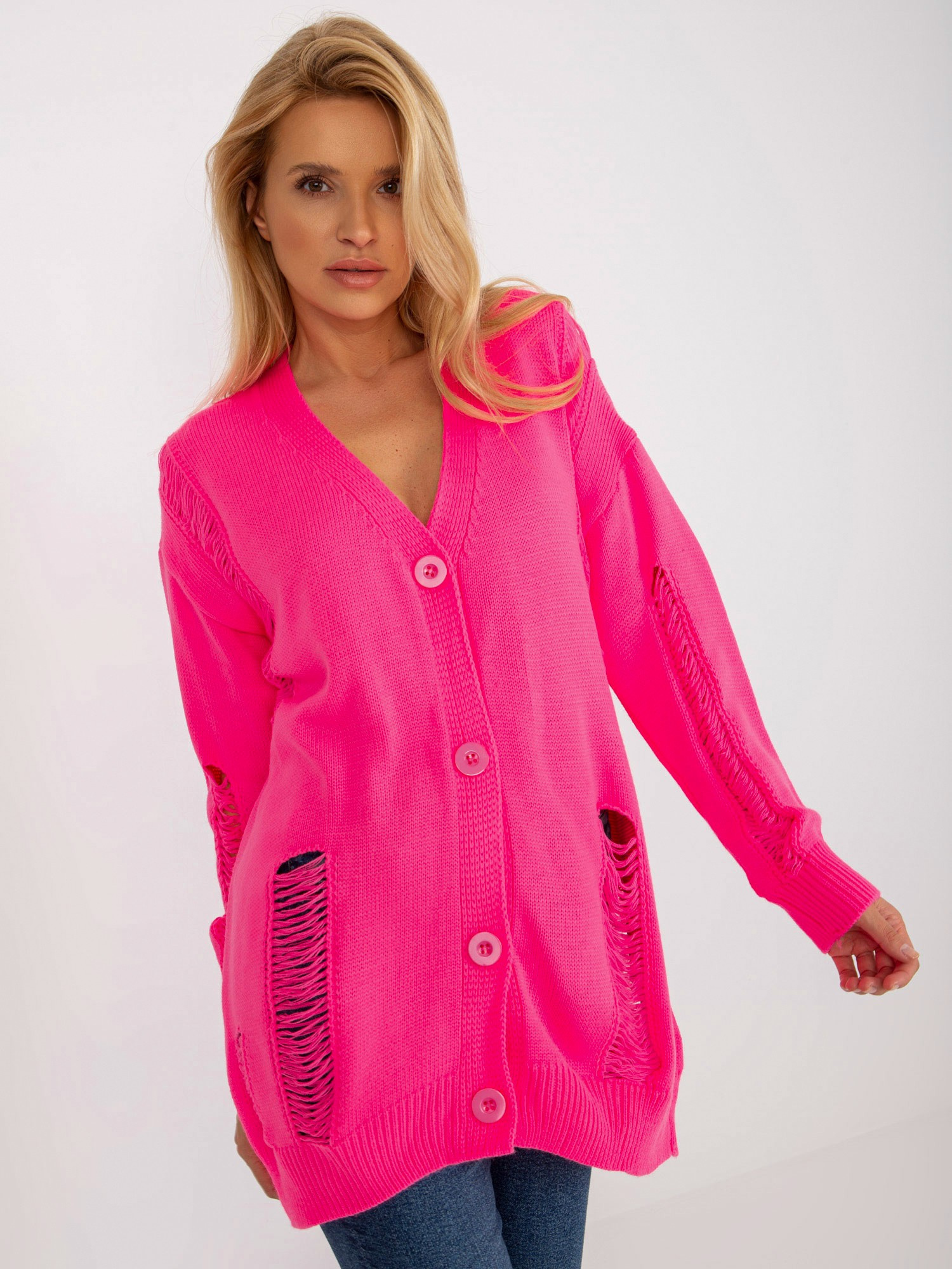 Fluo różowy luźny sweter rozpinany z dziurami RUE PARIS